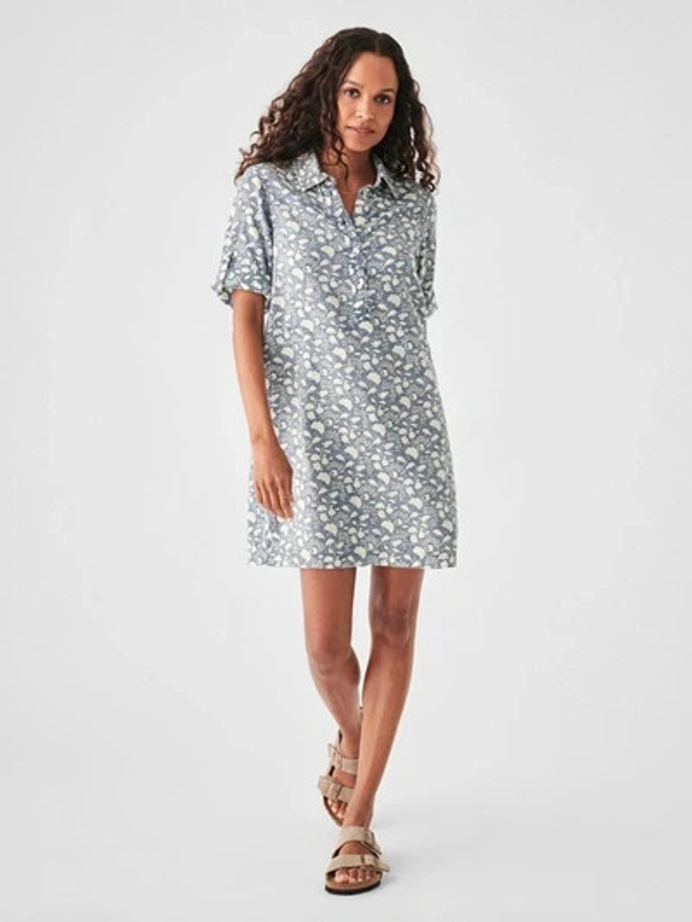 Faherty Penny Linen Blend Popover Dress Indigo Echo Floral Medium